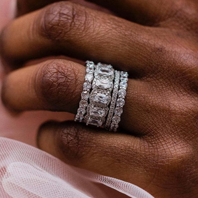 Luxurious Cushion Cut 4PC Wedding Band Set For Women In Sterling Silver-Sterling Silver-lornajewelry