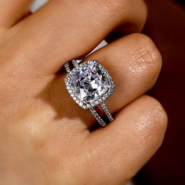 Classic Halo Cushion Cut  Wedding Ring Set for Her-Sterling Silver-lornajewelry