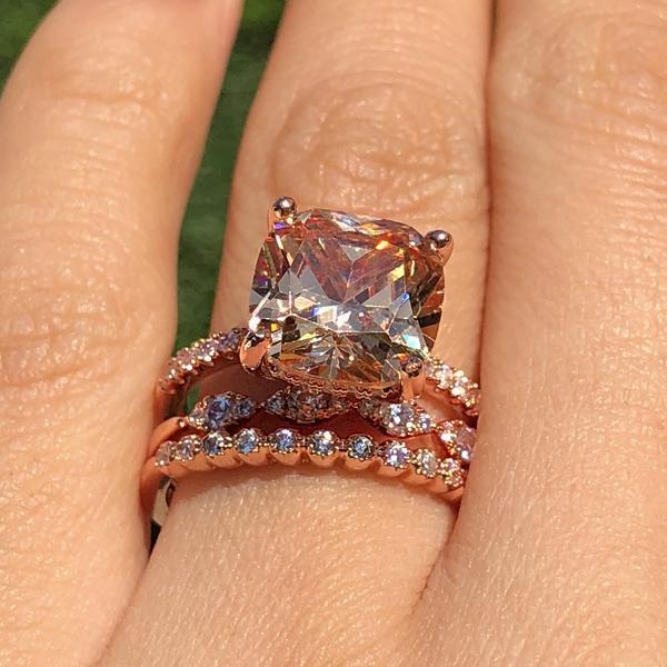 5 Carat Cushion Cut Champagne Stone 3PC Wedding Ring Set In Rose Gold-Sterling Silver-lornajewelry