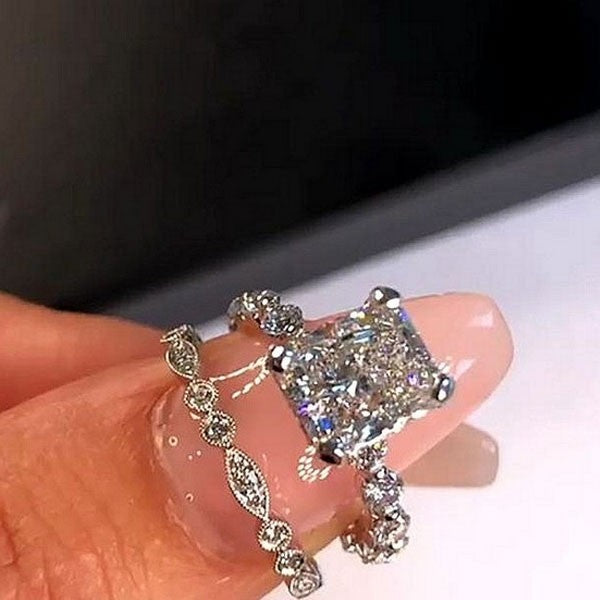 4.0 Carat Radiant Cut White Sapphire Wedding Ring Set For Her In Sterling Silver-Sterling Silver-lornajewelry