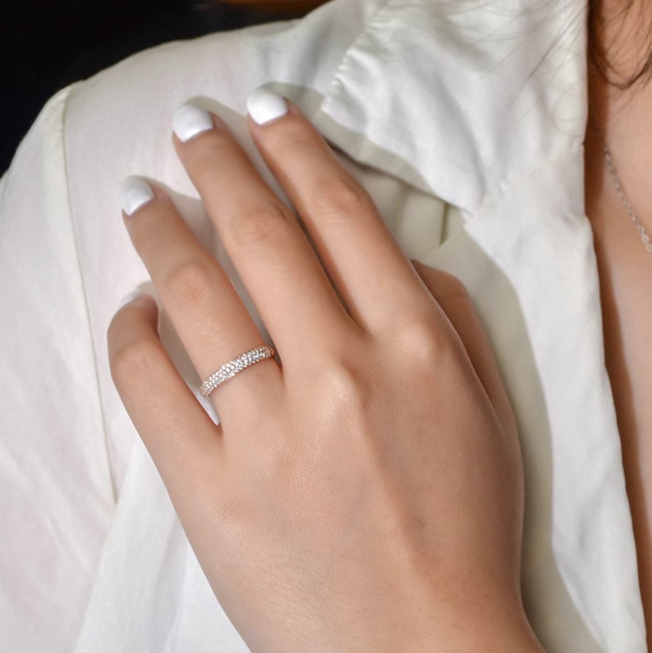 Exclusive 3 Rows Round Cut Half Wedding Band for Women In Sterling Silver-Sterling Silver-lornajewelry