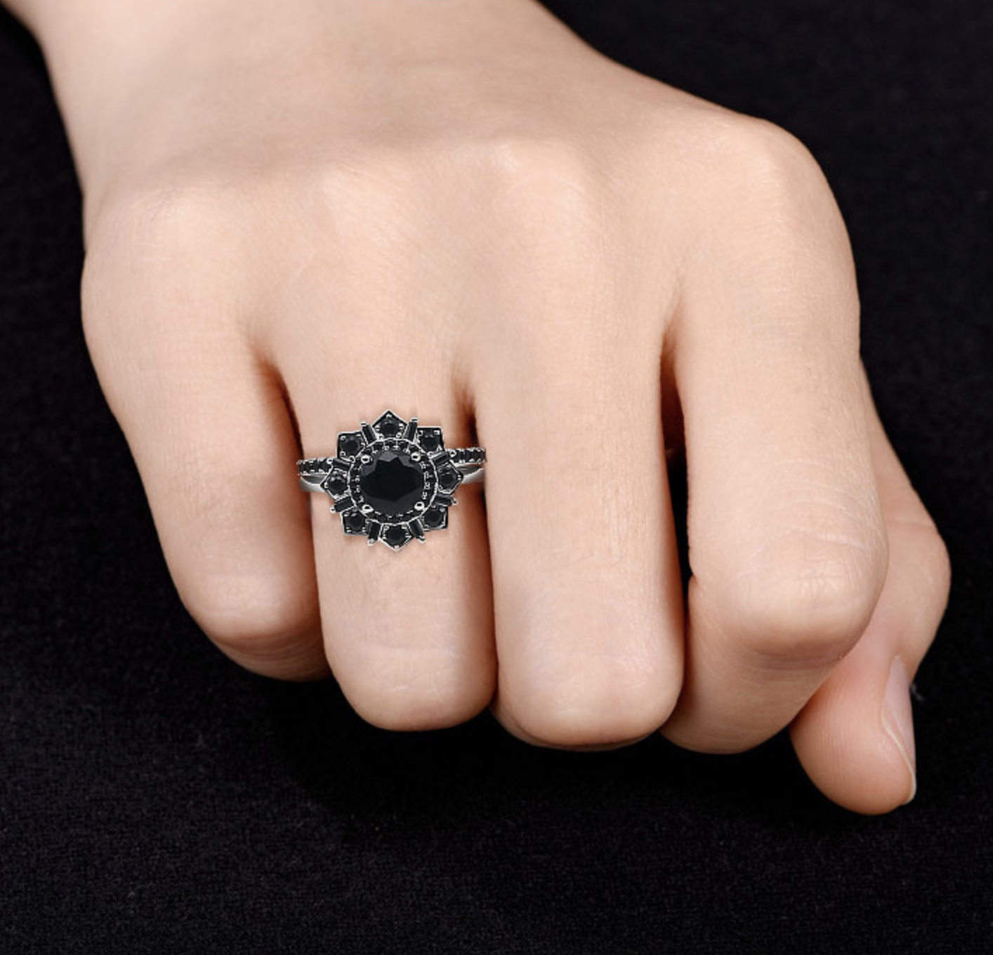 1.5Ct Black Stone Double Halo Starburst Wedding Ring Set in Sterling Silver-Sterling Silver-lornajewelry