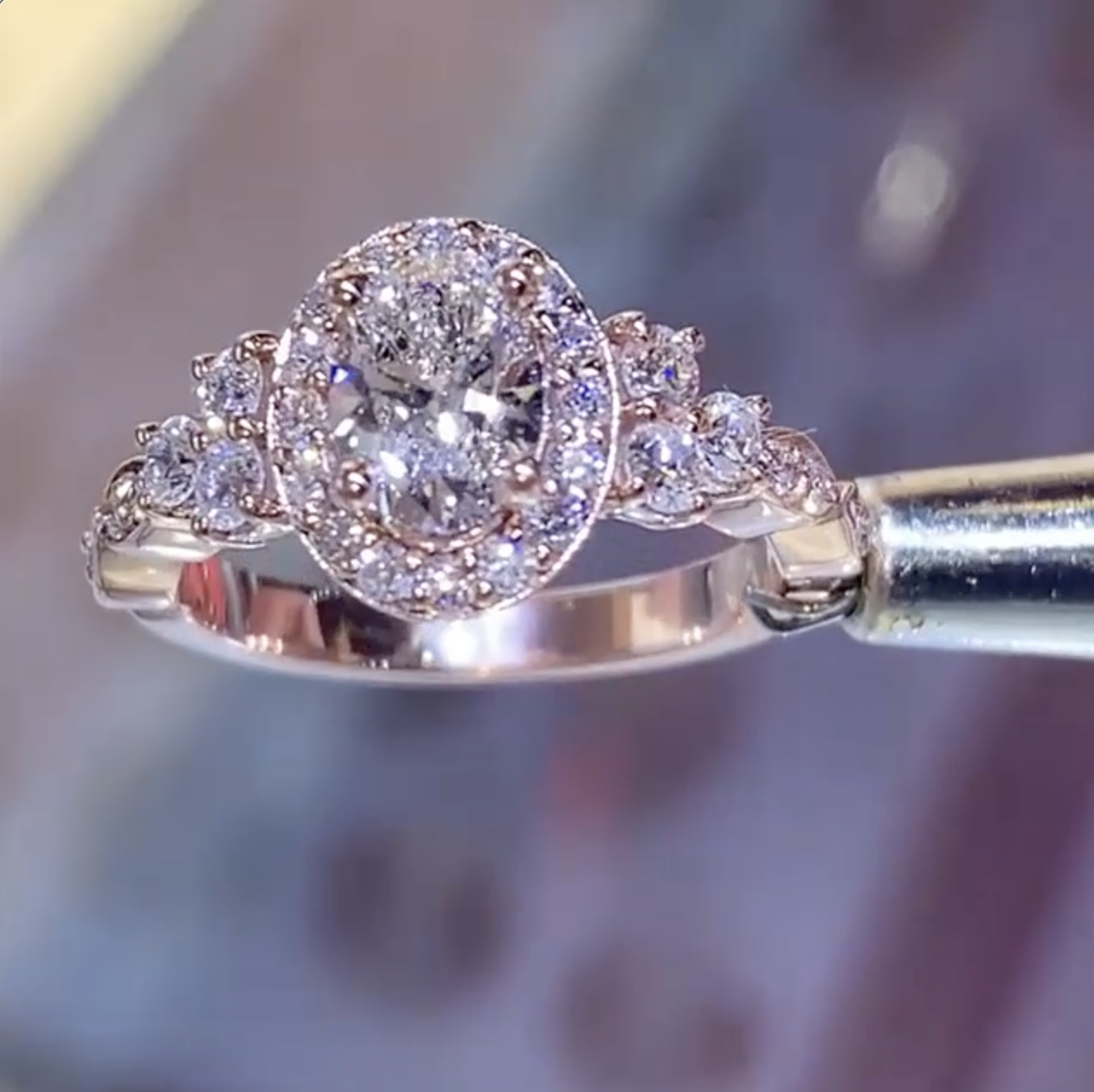 1.5Ct Oval Cut Halo Rose Gold Engagement Ring in Sterling Silver