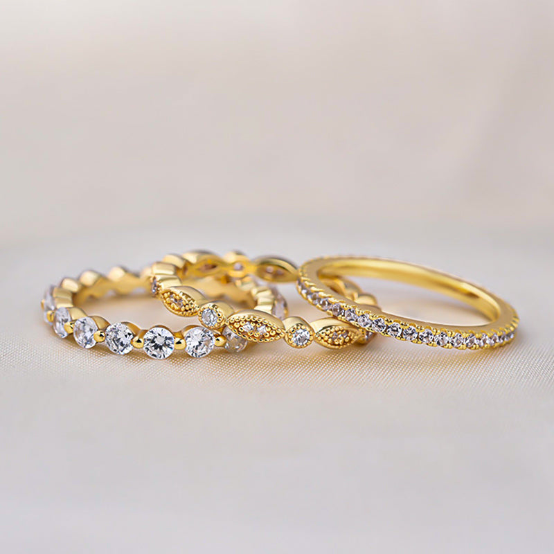 Art Deco 3-Pieces Stackable Wedding Band Set In Sterling Silver-Sterling Silver-lornajewelry