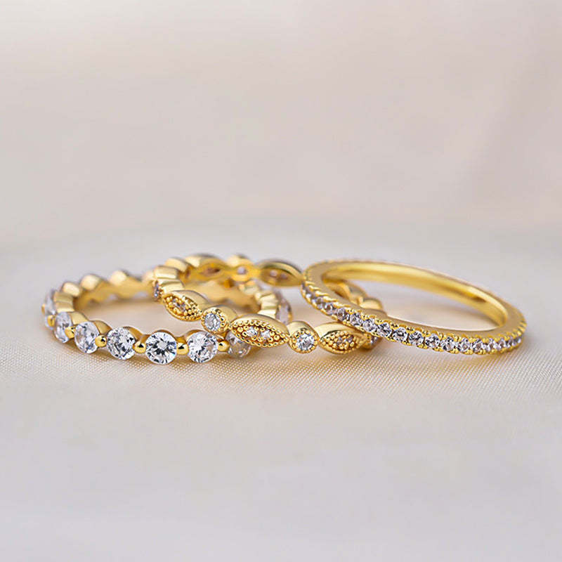 Art Deco 3-Pieces Stackable Wedding Band Set In Sterling Silver-Sterling Silver-lornajewelry