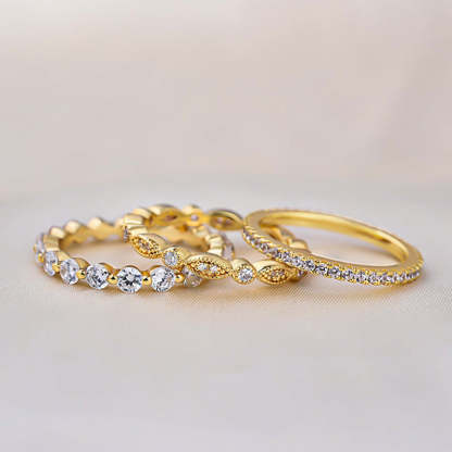 Art Deco 3-Pieces Stackable Wedding Band Set In Sterling Silver-Sterling Silver-lornajewelry