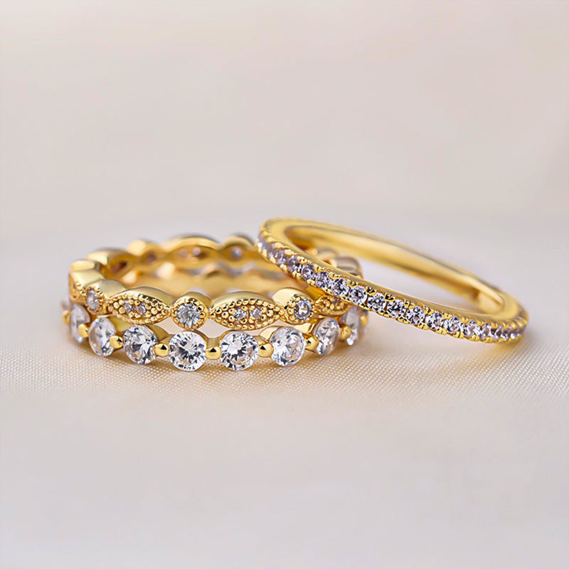 Art Deco 3-Pieces Stackable Wedding Band Set In Sterling Silver-Sterling Silver-lornajewelry