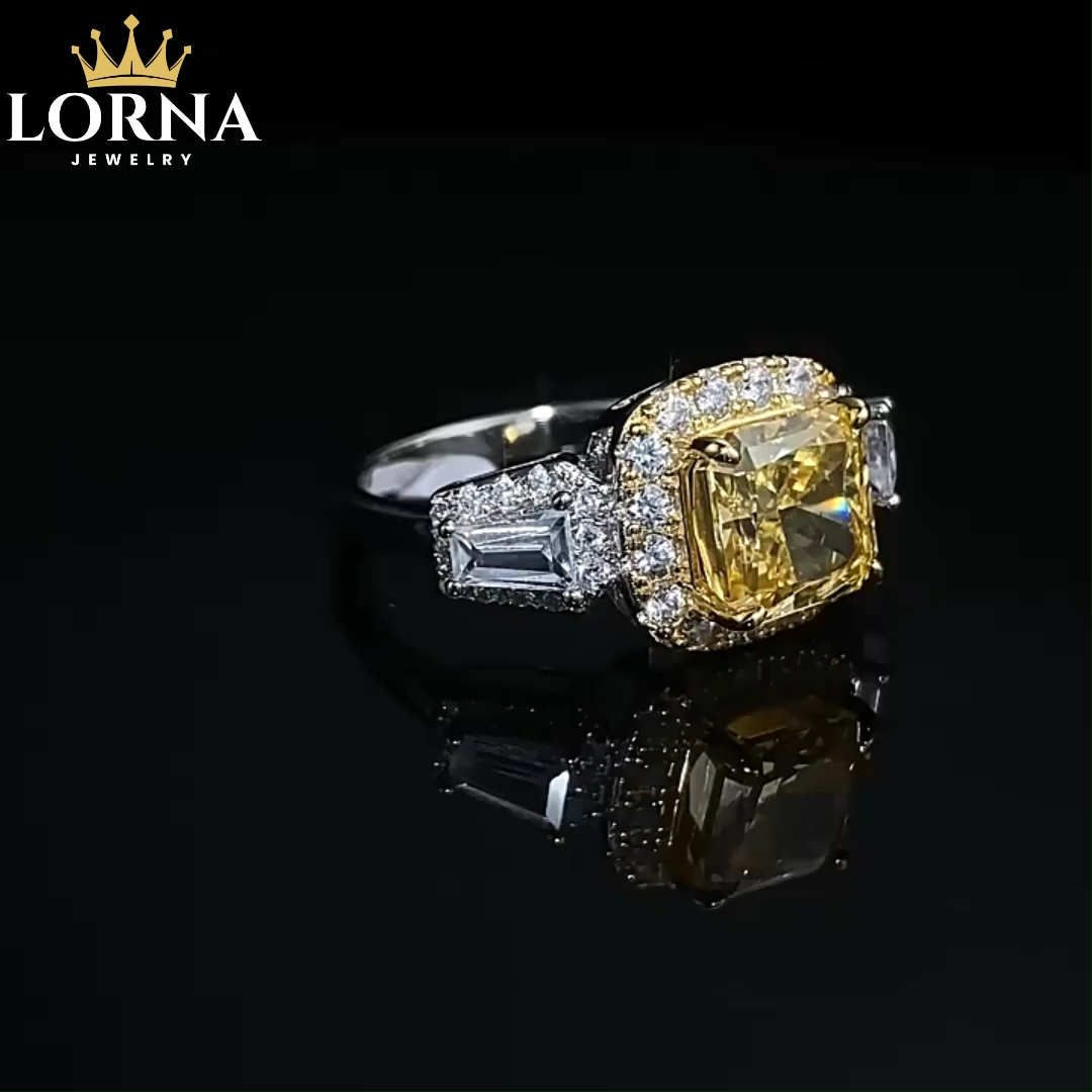 2Ct Yellow Cushion Gemstone Halo Side Stone Accents Ring