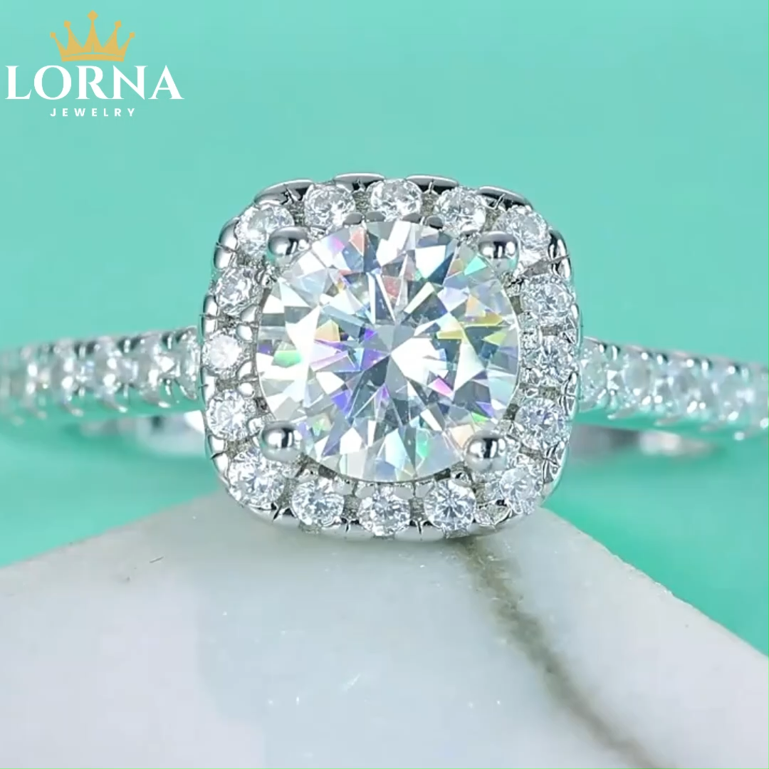 1Ct Moissanite Halo Round Cut Four Prong Engagement Ring