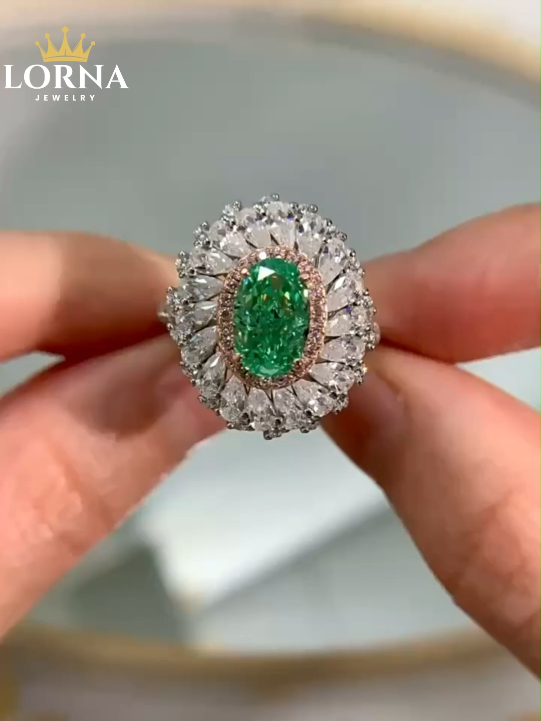 2.5Ct Luxury Oval Paraiba Color Gemstone Ring with Double Halo Design