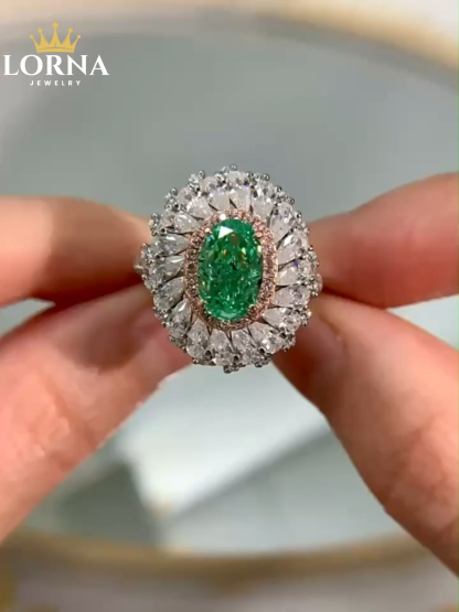 2.5Ct Luxury Oval Paraiba Color Gemstone Ring with Double Halo Design