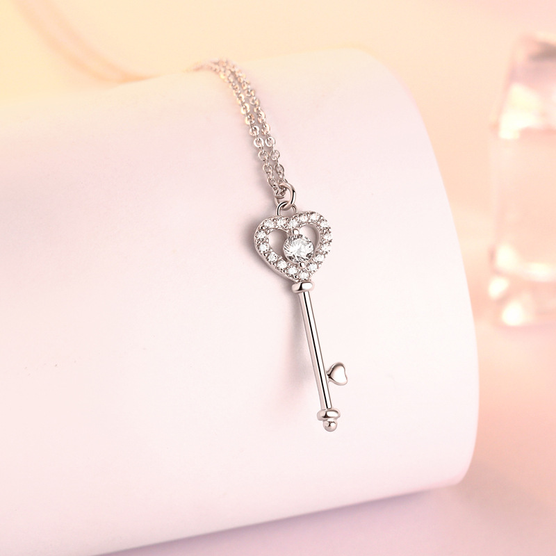 Heart Key White Sapphire Pendant Charm Necklace In Sterling Silver-Sterling Silver-lornajewelry