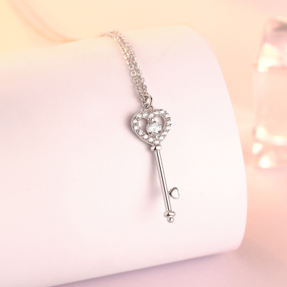 Heart Key White Sapphire Pendant Charm Necklace In Sterling Silver-Sterling Silver-lornajewelry