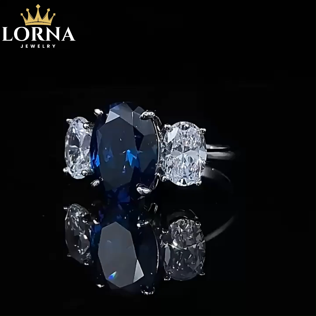 4Ct Elegant Blue Oval Gemstone Three-Stone Ring