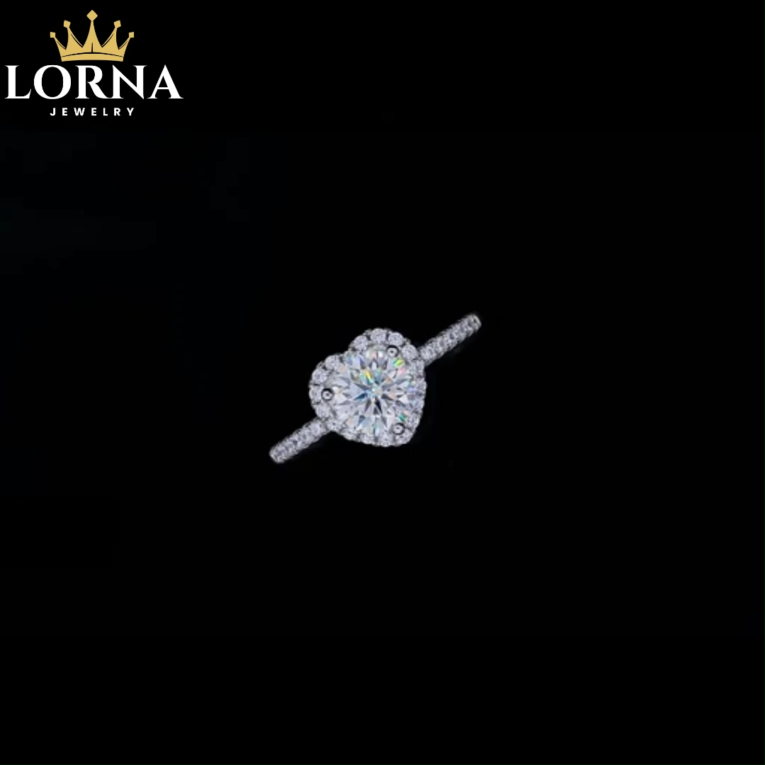 1Ct Moissanite Heart Halo Round Pave Sterling Silver Engagement Ring