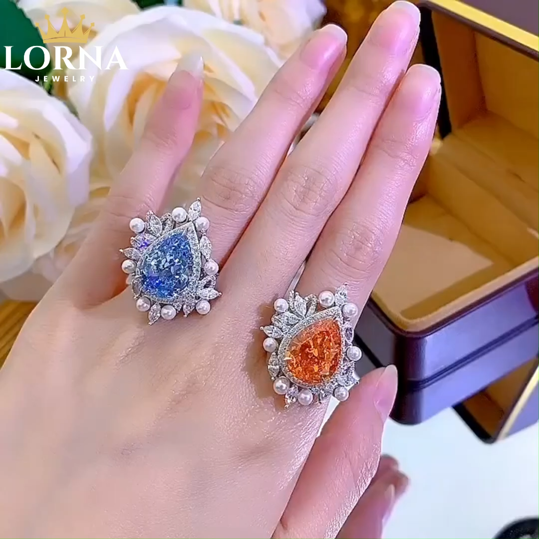 8Ct Luxury Pear Cut Aquamarine Pearl Accents Ring