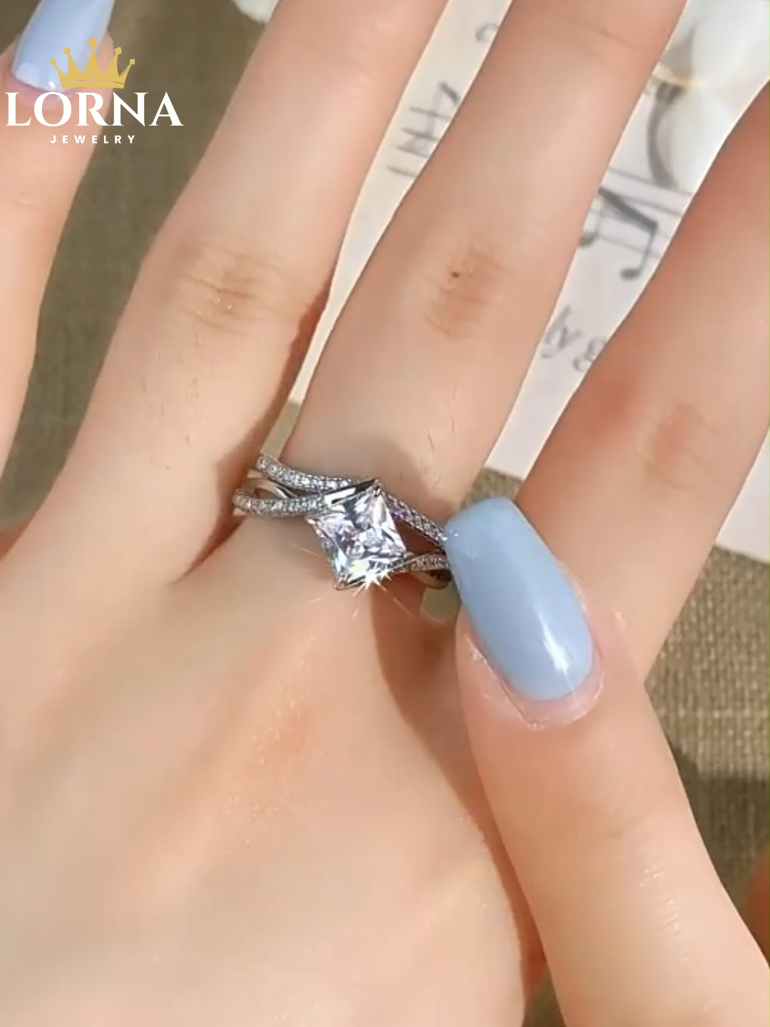 1.5Ct Moissanite Princess Cut Criss-Cross Band Wedding Ring Set