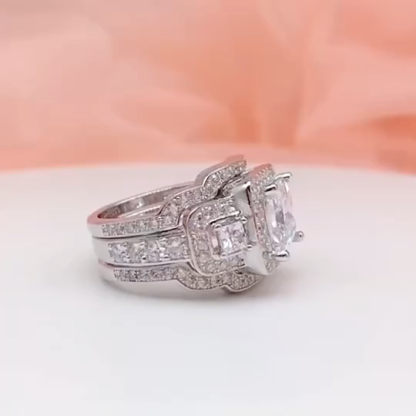 3Ct Luxurious Vintage Princess Cut Halo Side Stone Wedding Ring Set in Sterling Silver