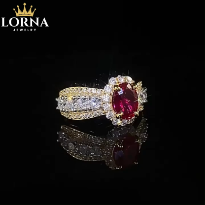 2Ct Luxury Oval Red Stone Halo Accent Ring in Gold