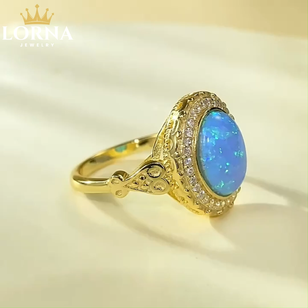 2.5Ct Oval Cut Blue Opal Halo Set Vintage Style Ring