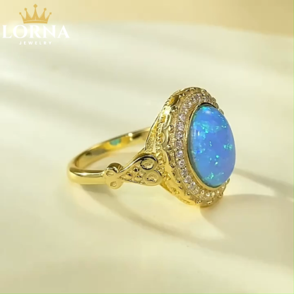 2.5Ct Oval Cut Blue Opal Halo Set Vintage Style Ring