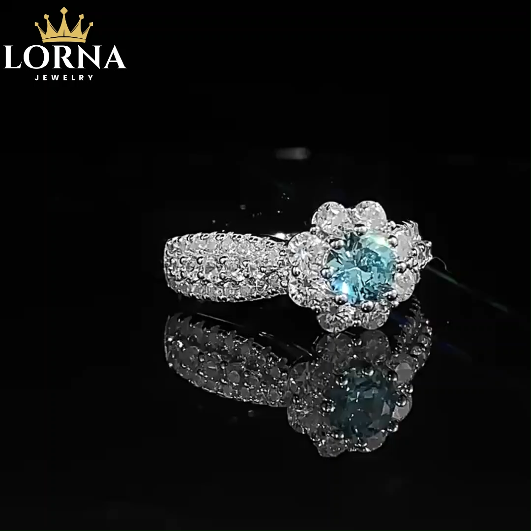 0.5Ct Elegant Round Cut Aquamarine Gemstone Halo Design Ring