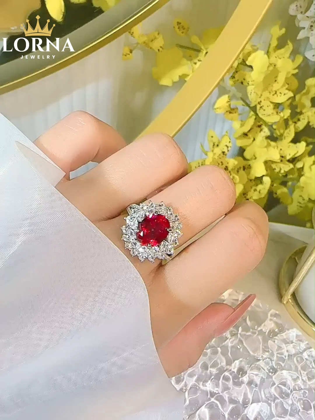 3.5Ct Oval Cut Red Gemstone Floral Diamond Halo Ring