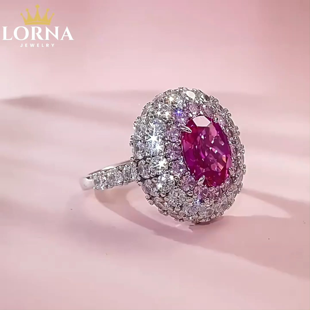 3.5Ct Luxury Fuchsia Oval Stone Ring Double Halo Design