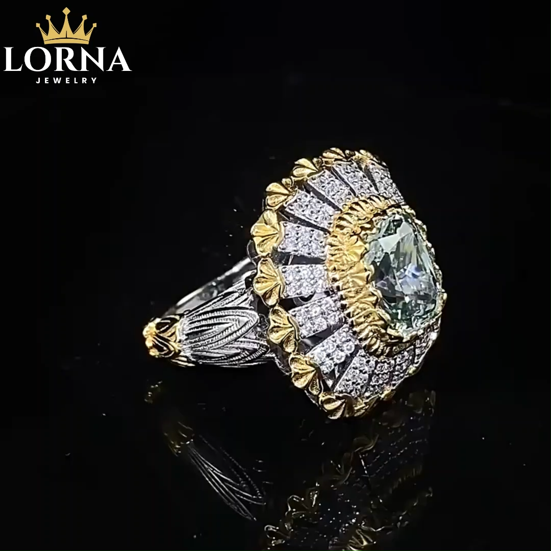 3.5Ct Luxury Cushion Cut Green Tourmaline Intricate Design Buccellati Style Ring