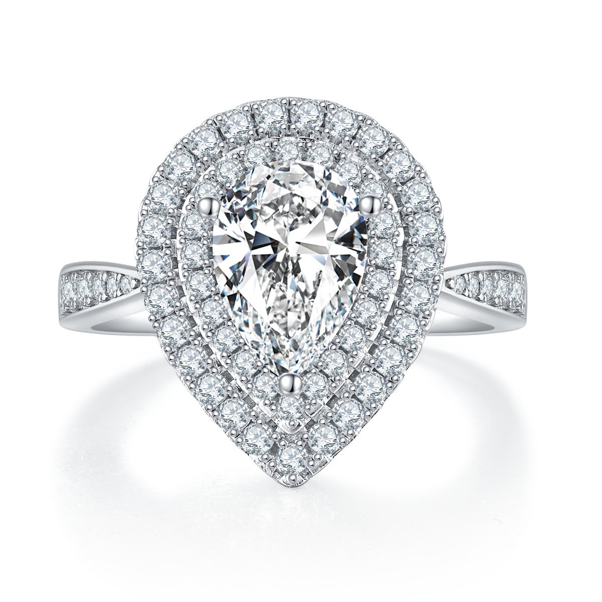 2Ct Moissanite Pear Cut Glamorous Halo Engagement Ring in Sterling Silver