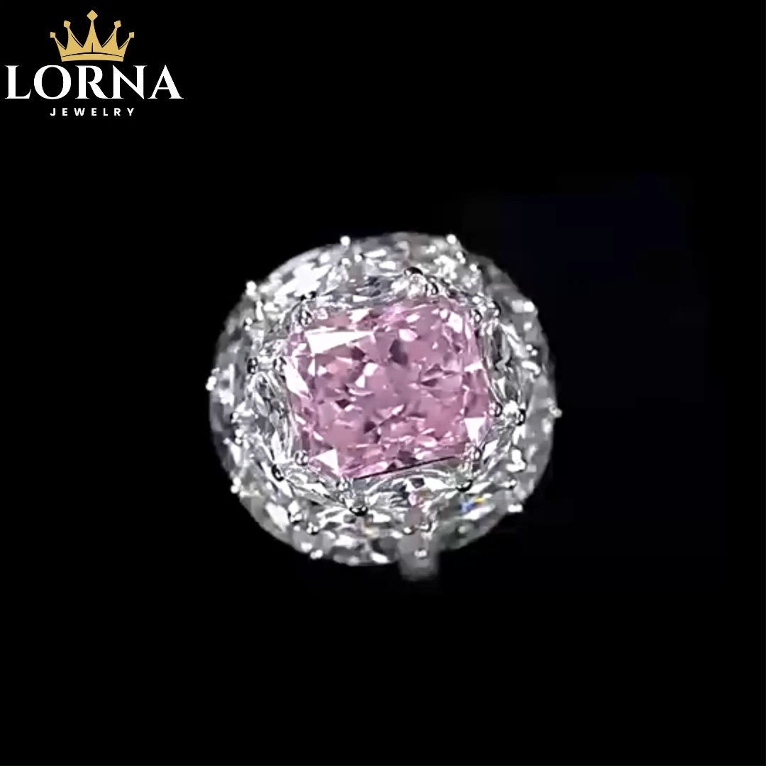 6.5Ct Luxury Elegant Pink Radiant Gemstone Floral Design Halo Ring
