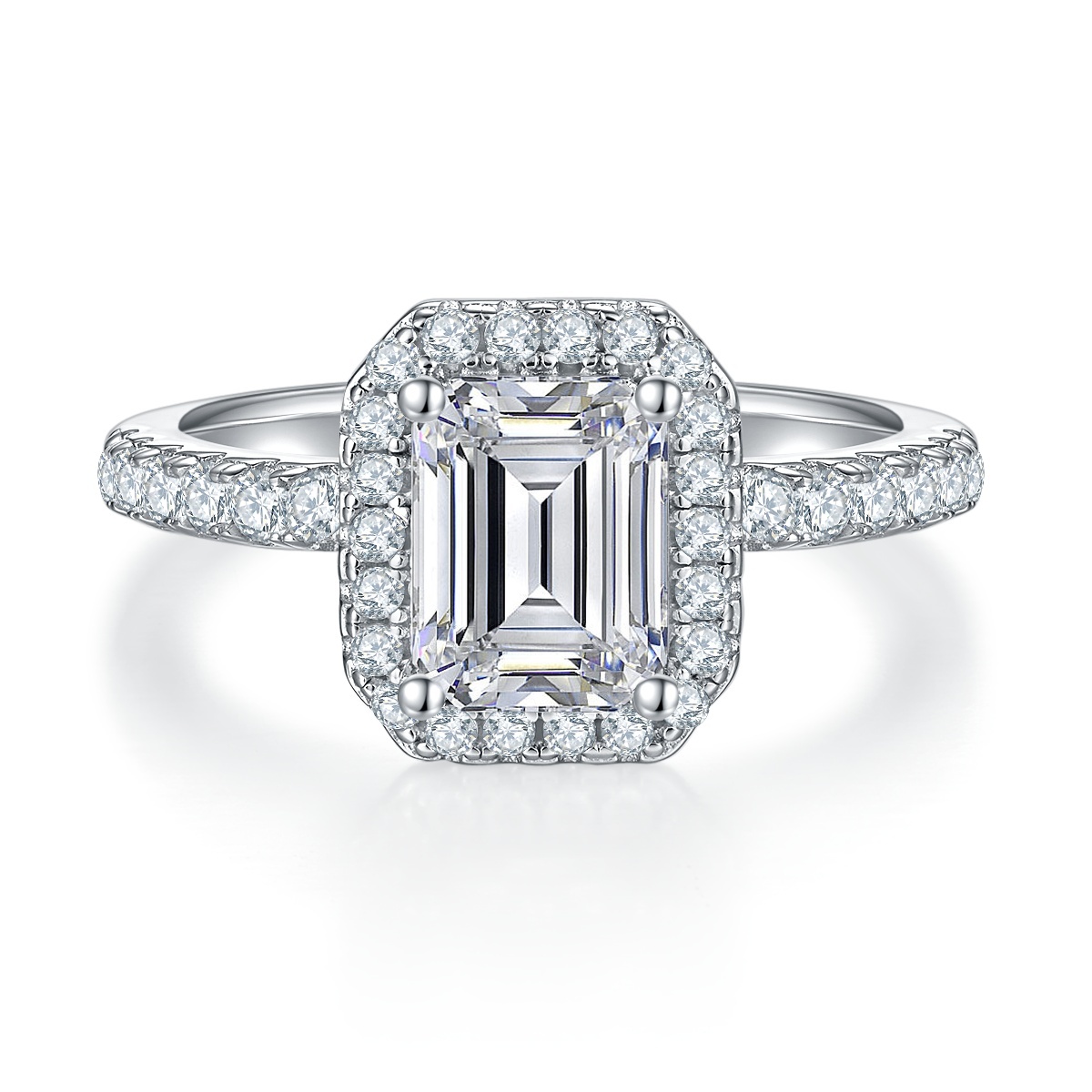 2Ct Moissanite Emerald Cut Halo Chic Design Engagement Ring in Sterling Silver