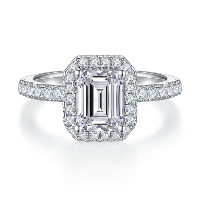 2Ct Moissanite Emerald Cut Halo Chic Design Engagement Ring in Sterling Silver-Sterling Silver-lornajewelry