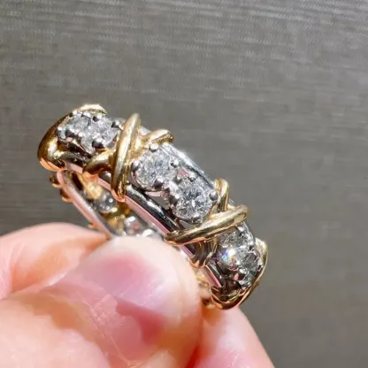 Round Cut Yellow Gold X Prong Setting Band-Sterling Silver-lornajewelry