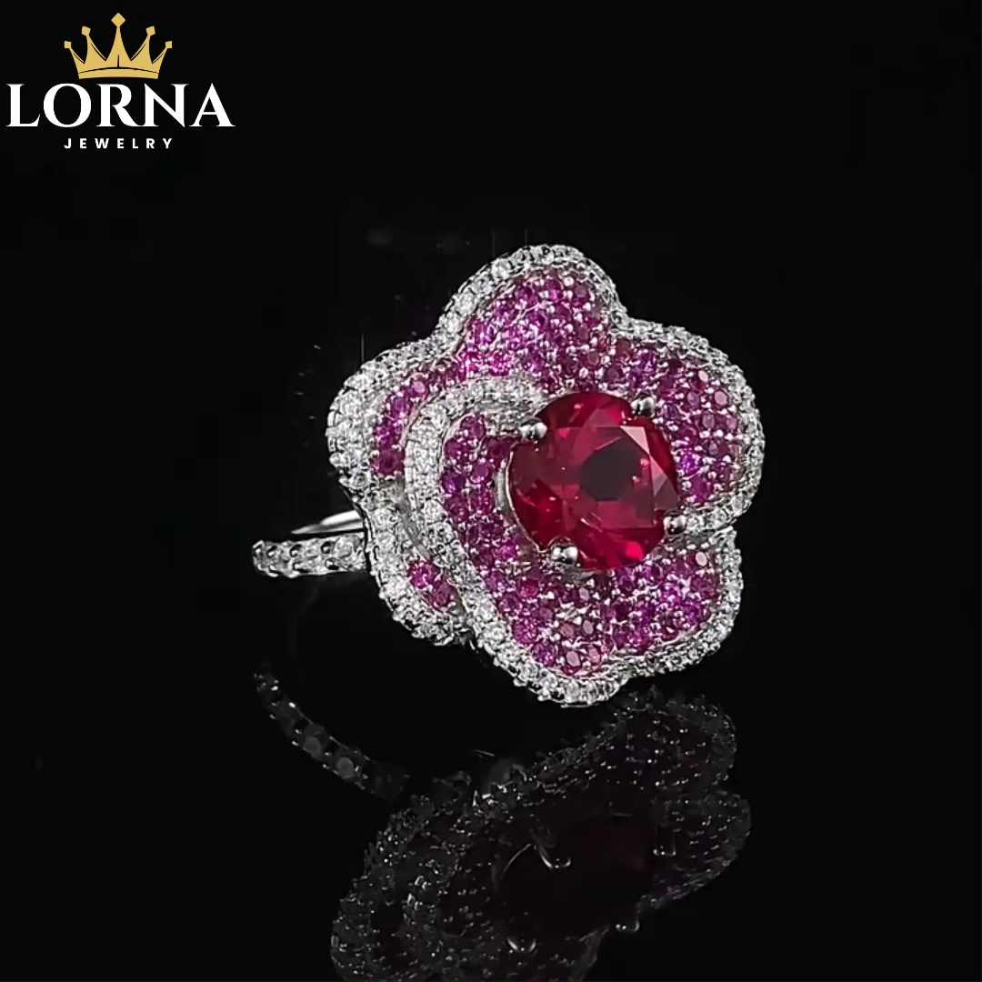 2Ct Round Cut Ruby Pave Flower Ring