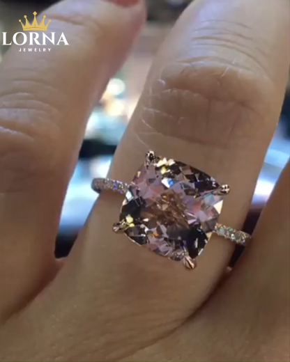 3.5Ct Rose Gold Peachy Pink Stone Cushion Cut Engagement Ring With Double Halo