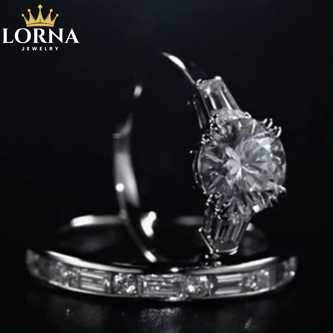 2Ct Moissanite Three Stone Round Tapered Baguette Engagement Ring