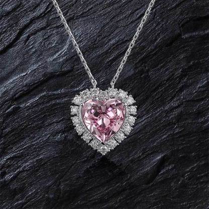 Halo Heart Cut Pink Sapphire Sterling Silver Necklace For Women-Sterling Silver-lornajewelry