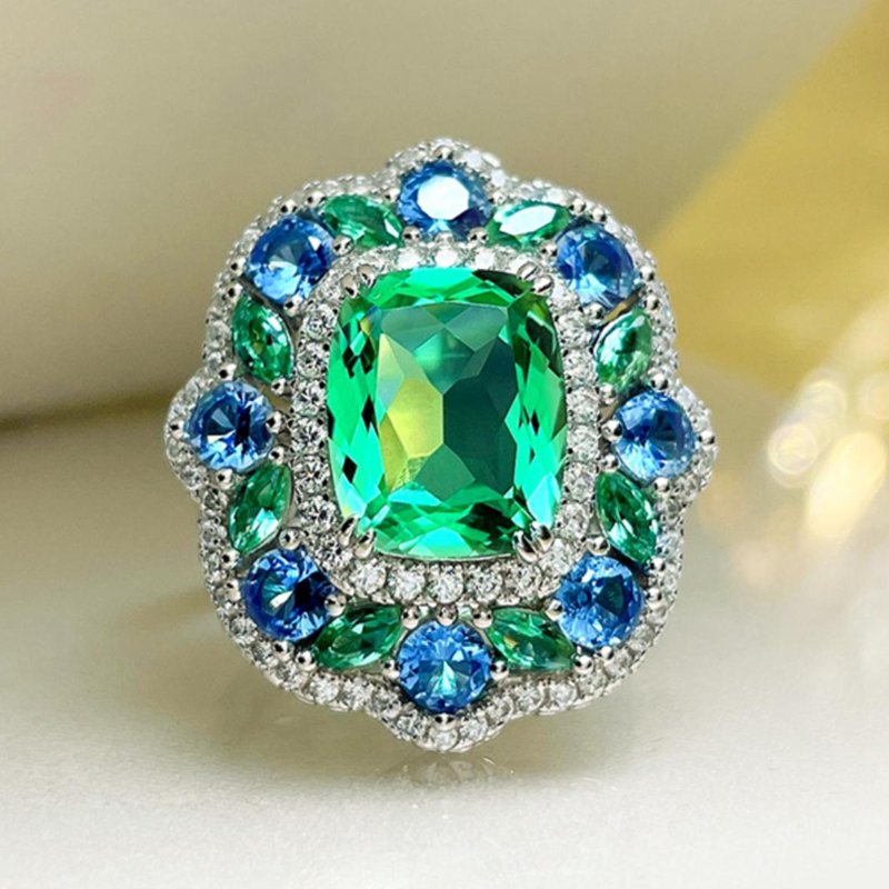 4Ct Luxury Cushion Green Tourmaline Gemstone Ring Secret Garden Vibrant Blue Green Halo-Sterling Silver-lornajewelry