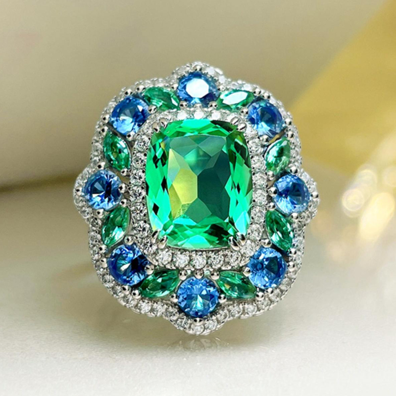 4Ct Luxury Cushion Green Tourmaline Gemstone Ring Secret Garden Vibrant Blue Green Halo-Sterling Silver-lornajewelry