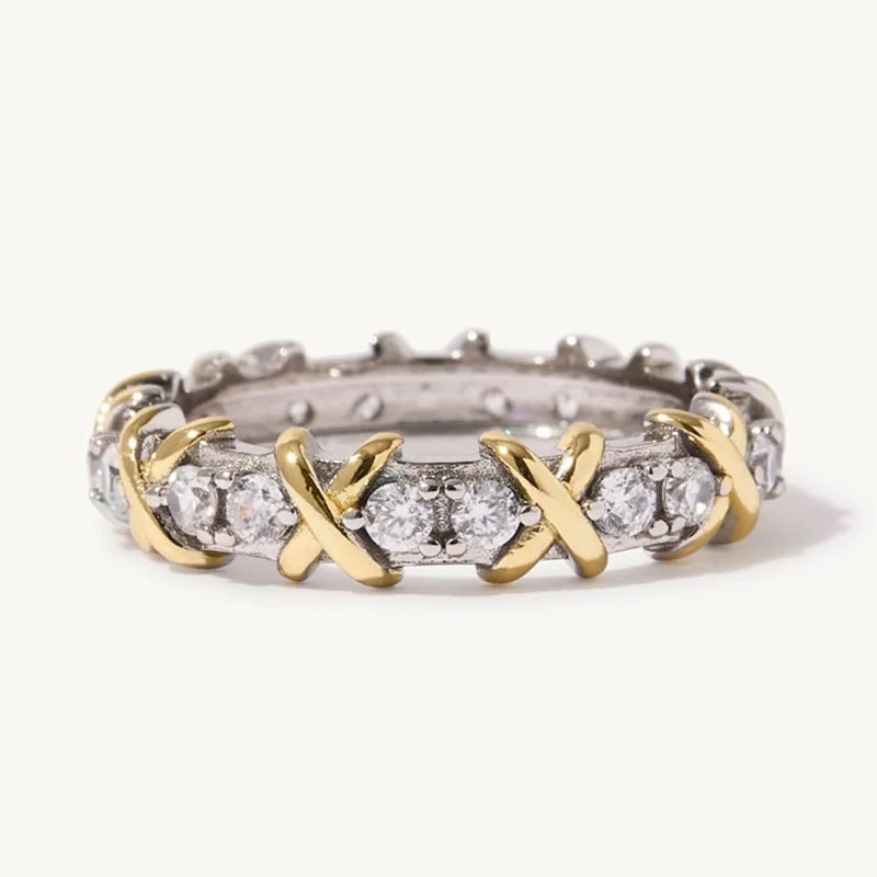 Round Cut Yellow Gold X Prong Setting Band-lornajewelry