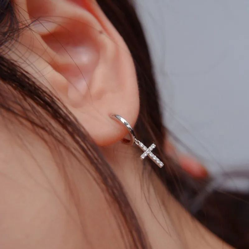 Stunning Cross Round Cut Women's Earrings In Sterling Silver-Sterling Silver-lornajewelry