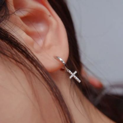 Stunning Cross Round Cut Women's Earrings In Sterling Silver-Sterling Silver-lornajewelry