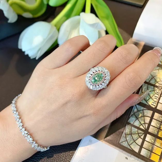 2.5Ct Luxury Oval Paraiba Color Gemstone Ring with Double Halo Design-Sterling Silver-lornajewelry