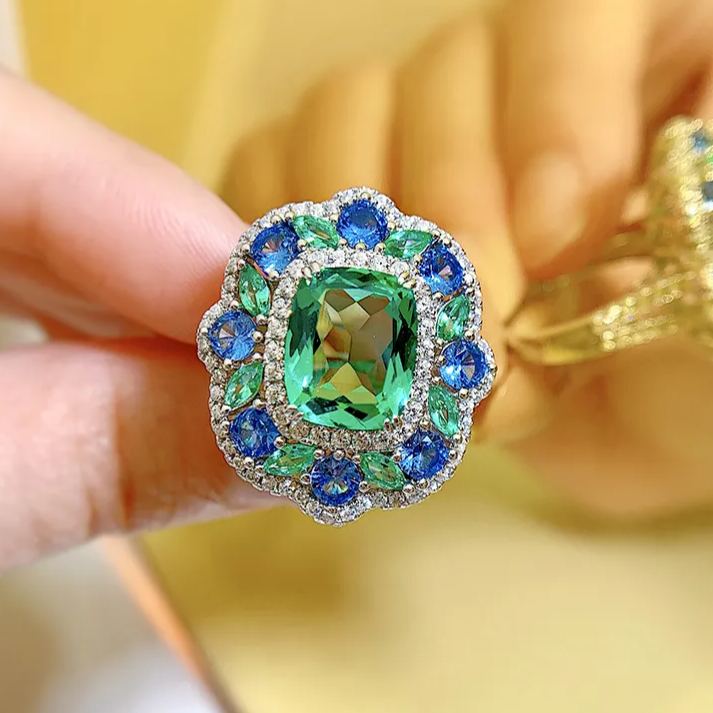 4Ct Luxury Cushion Green Tourmaline Gemstone Ring Secret Garden Vibrant Blue Green Halo-Sterling Silver-lornajewelry