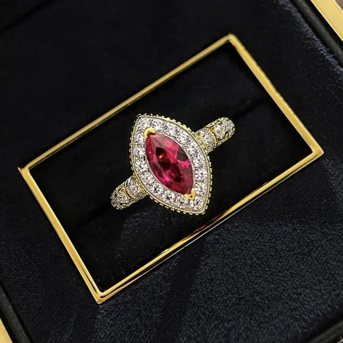 1Ct Luxury Red Marquise Stone Halo Ring Gold Band-Sterling Silver-lornajewelry