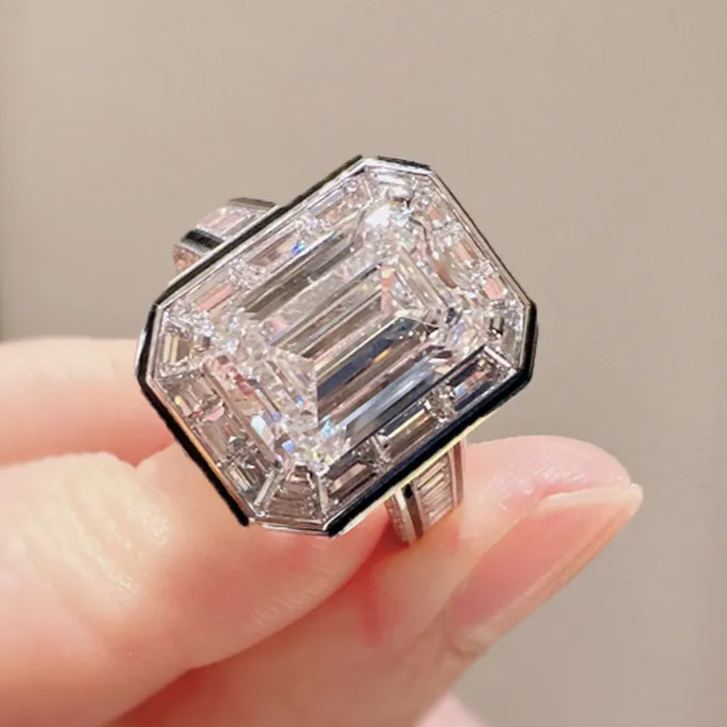 6.5Ct Emerald Cut White Gemstone Art Deco Design Ring-Sterling Silver-lornajewelry