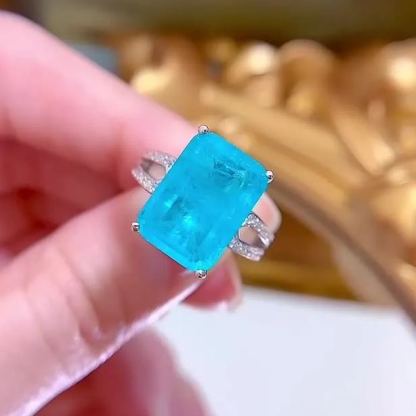 7Ct Paraiba Blue Emerald Cut Gemstone Split Shank Ring-Sterling Silver-lornajewelry