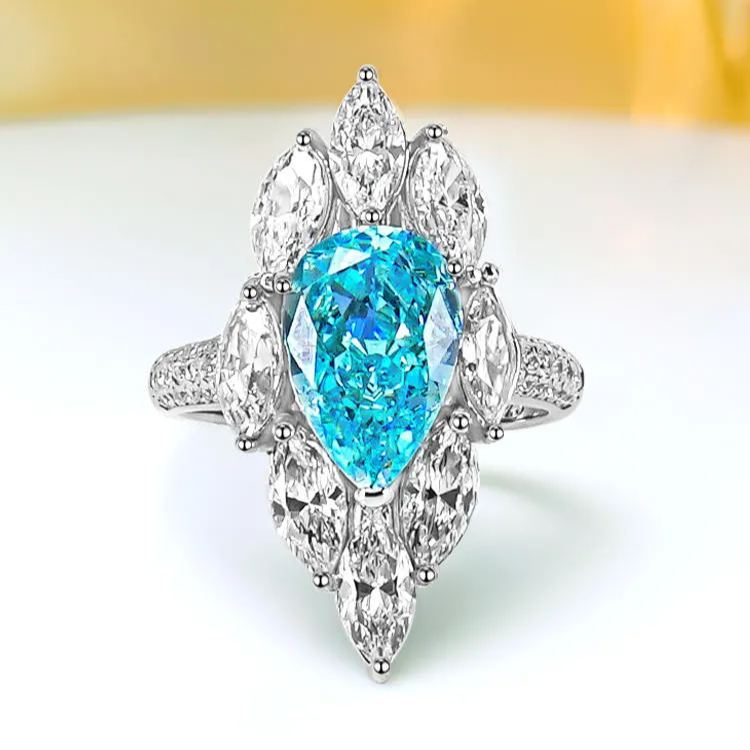 4Ct Aquamarine Blue Pear Cut Marquise Setting Luxury Ring-Sterling Silver-lornajewelry
