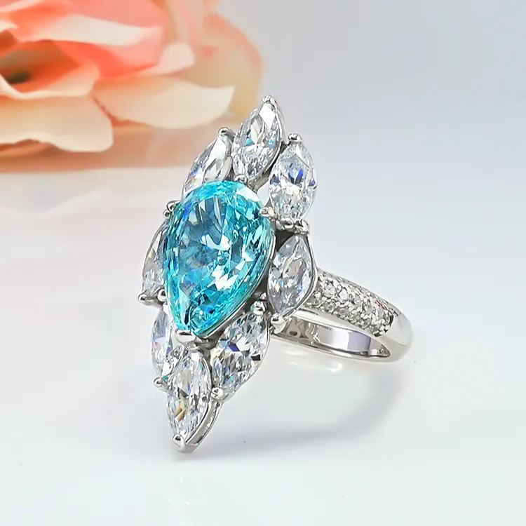 4Ct Aquamarine Blue Pear Cut Marquise Setting Luxury Ring-Sterling Silver-lornajewelry